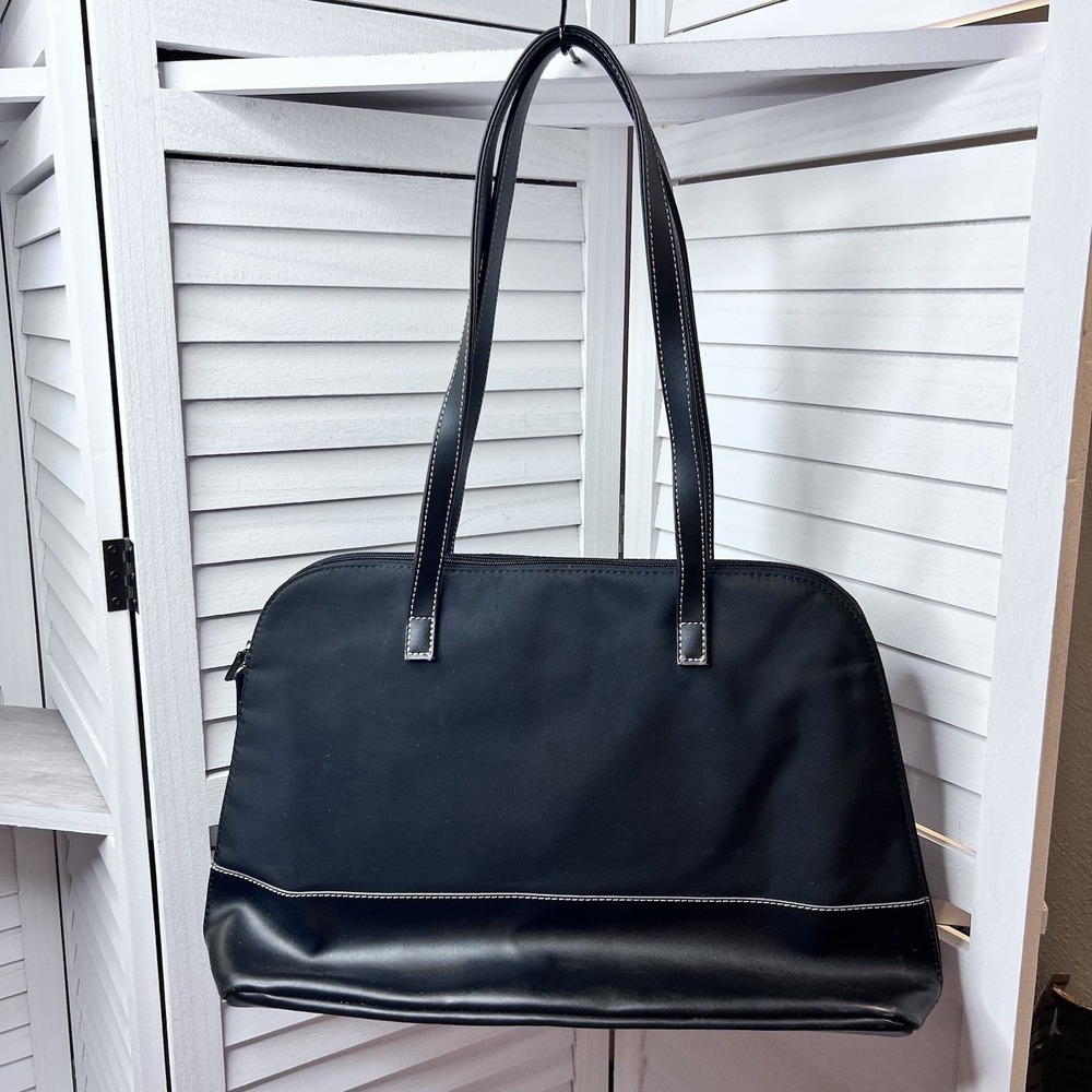 Black Nylon Laptop Tote Bag Pink Lining Shoulder Bag Travel Work Satchel